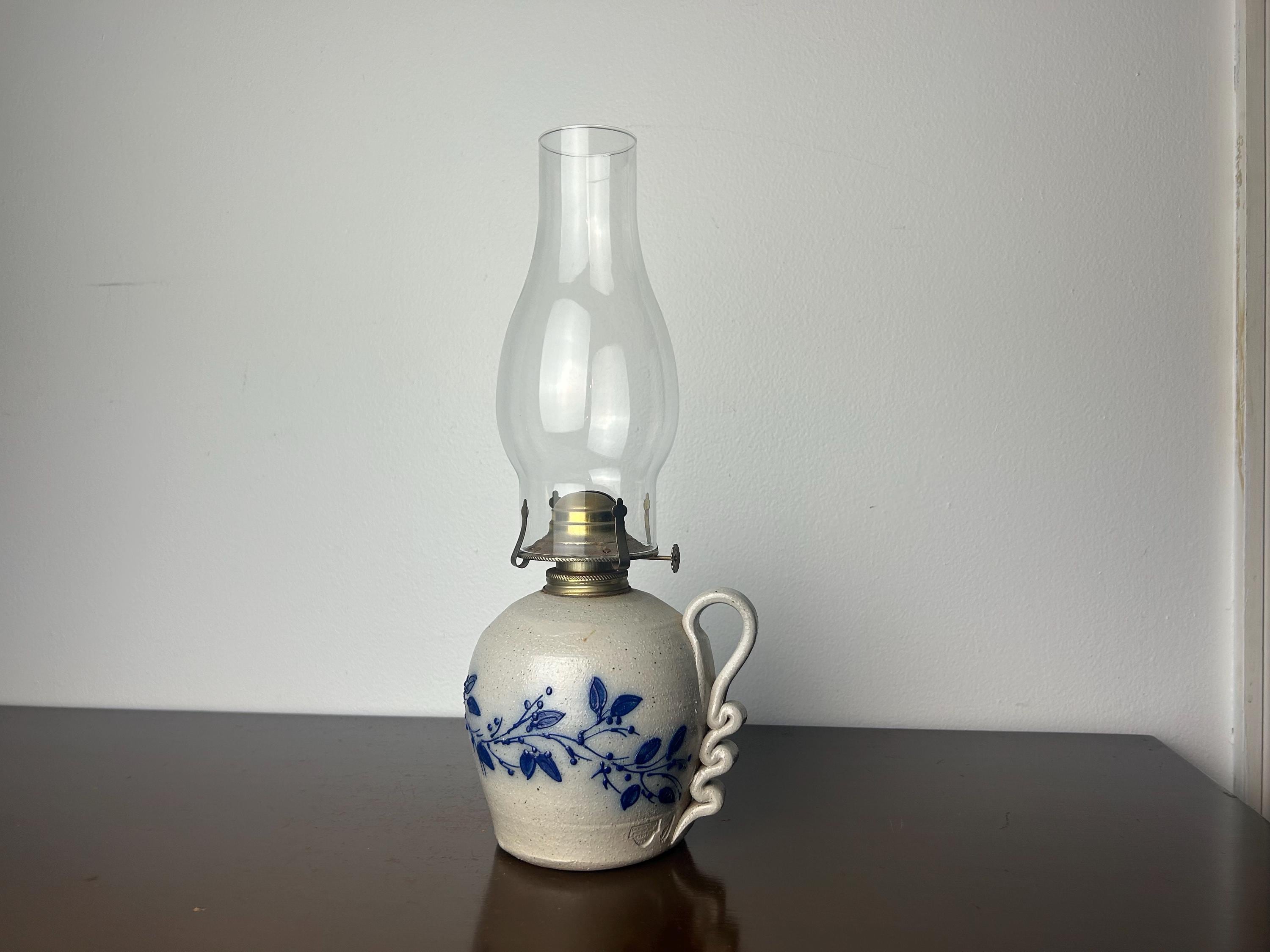 Vintage Salmon Falls Stoneware Blueberry Vine Hurricane Oil Lamp