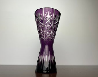 Vintage Nachtmann Crystal Cut to Clear Purple/Violet Large Corset Vase, West German Glass Vase, Elegant Handcut Lead Cut Crystal Centerpiece