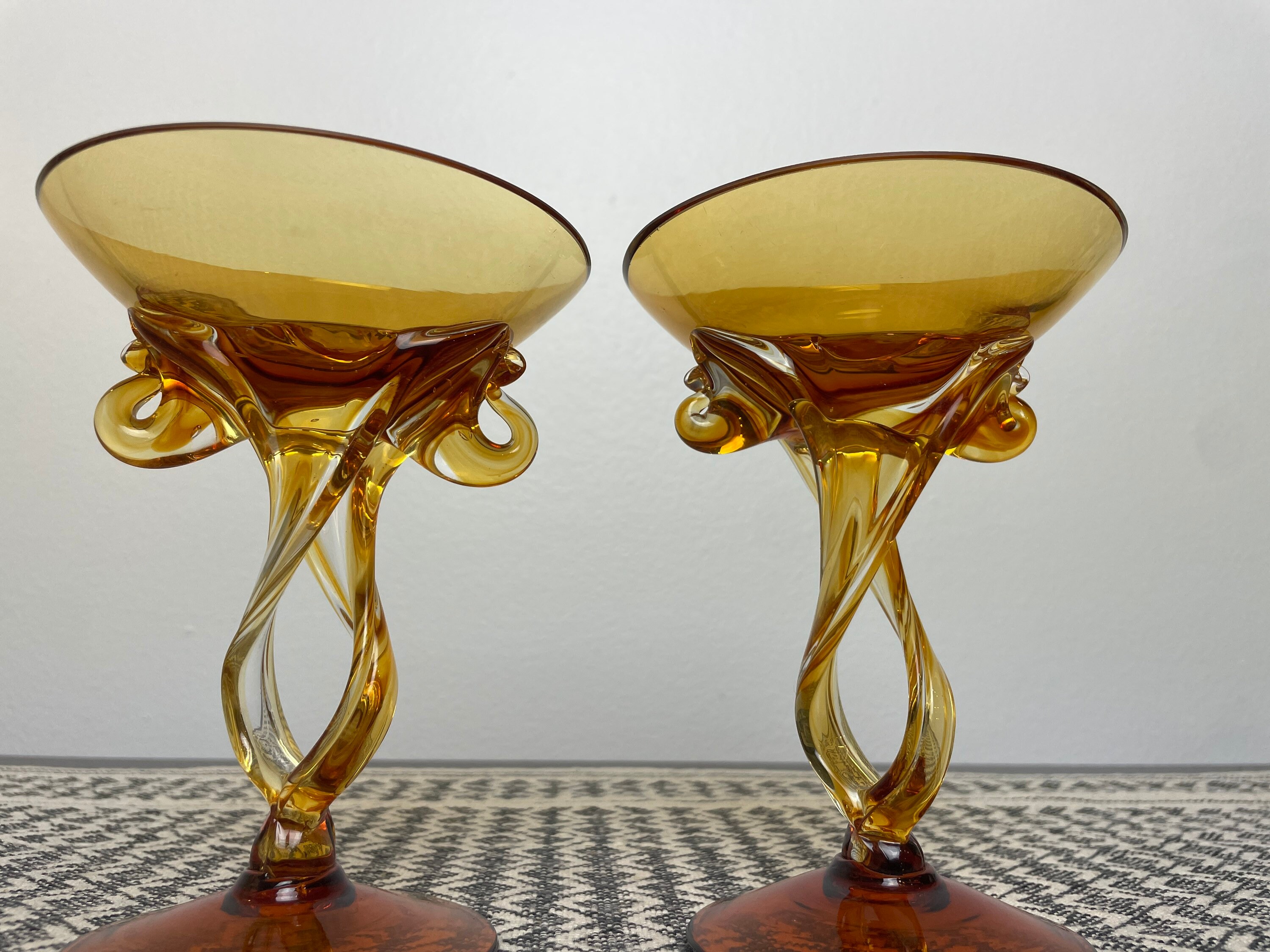 Jellyfish Amber Blown Glass Pedestal Bowl Set, Jozefina Krosno