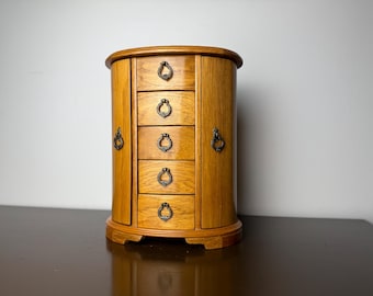 Vintage Mele Oak Wood Jewlery Box with Drawers Red Velvet, Retro Wooden Jewelry Storage Organizer Cabinet, Vanity Dresser/Bedroom Decor