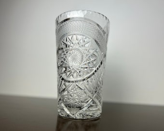 Vintage polsk handskuren etsad kristallvas med hobstjärnor/stjärnor och solfjäderar, elegant fin blykristall