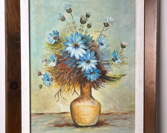 ヴィンテージ手描きの静物画、青いデイジーの花のキャンバス画