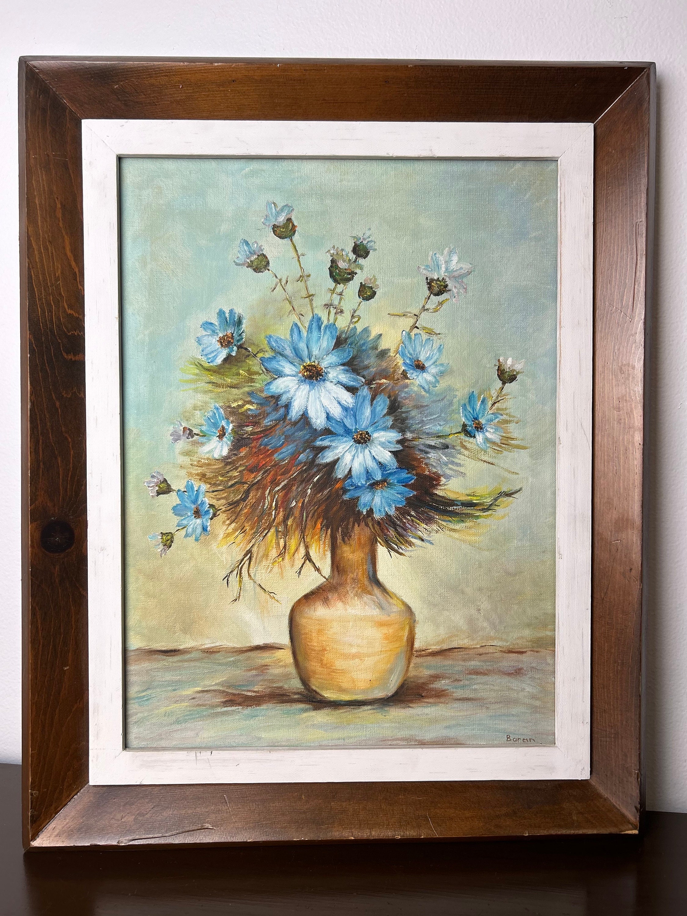 レトロ 油彩画 静物画 デイジー 花瓶 水色 インテリア アート ヴィンテージ ヴィンテージ手描きの静物画、青いデイジーの花のキャンバス画