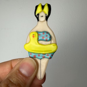 Vintage Fused Glass Whimsical Swimming Girl with Duck Ring Float Brooch Pin by K Lawla