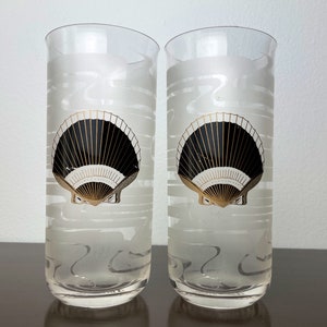 Culver SeaShell Highball Gläser/Becher, Vintage Kunststoff Barware Trinkgläser, MCM Stil, Post Modern, Gold und Schwarz Bild 1