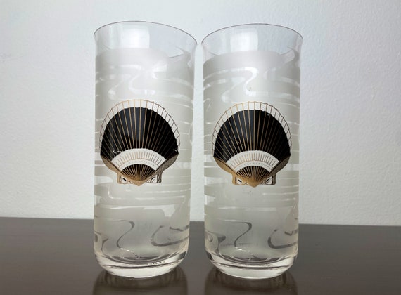 Culver SeaShell Highball Glasses/Tumblers, Vintage Plastic Barware Drinking Glasses, MCM style, Post Modern, Gold and Black