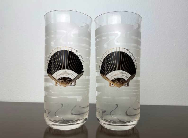 Culver SeaShell Highball Gläser/Becher, Vintage Kunststoff Barware Trinkgläser, MCM Stil, Post Modern, Gold und Schwarz Bild 1