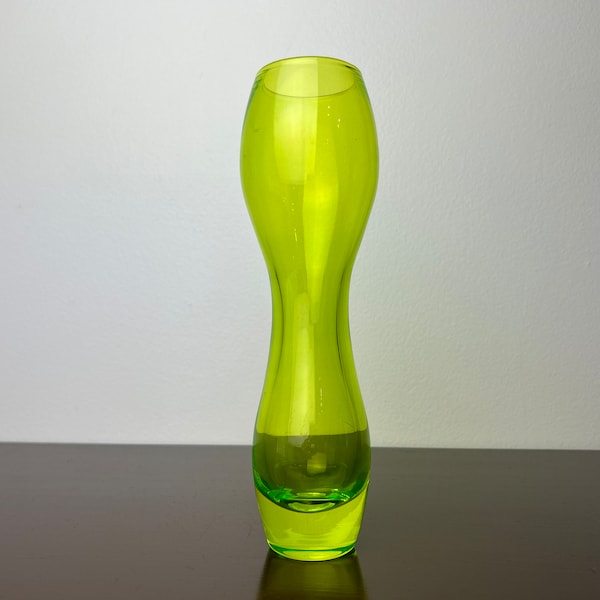 Post Modern era IKEA Handblown Lime Green Tall Glass Flower Vase, Swedish Modernist, Vintage Polish Art Glass