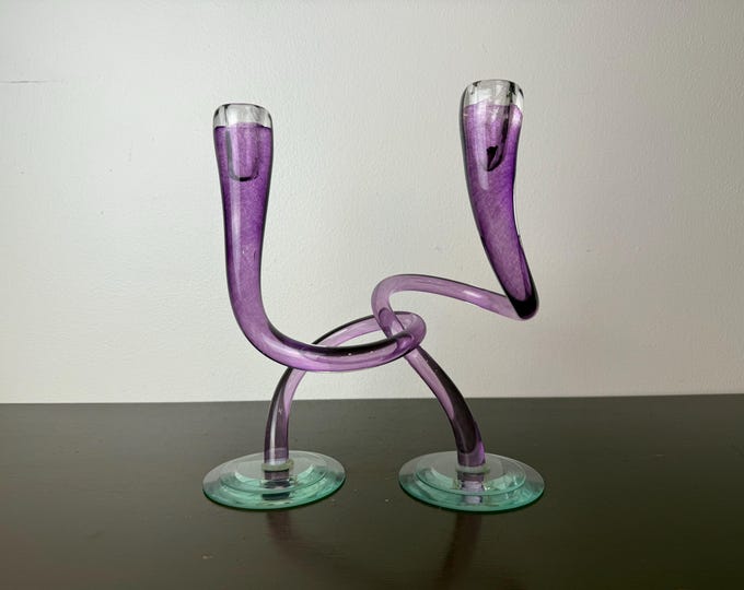 Vintage 1980’s Sculptural Interlocking Art Glass Candlestick Holder Set ...