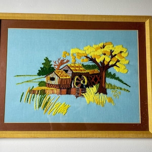 Vintage Colorful Finished/Completed Crewel Embroidery Grist Mill Scene Framed Wall Hanging Art, 1970s Wall Decor, Country/Farmhouse
