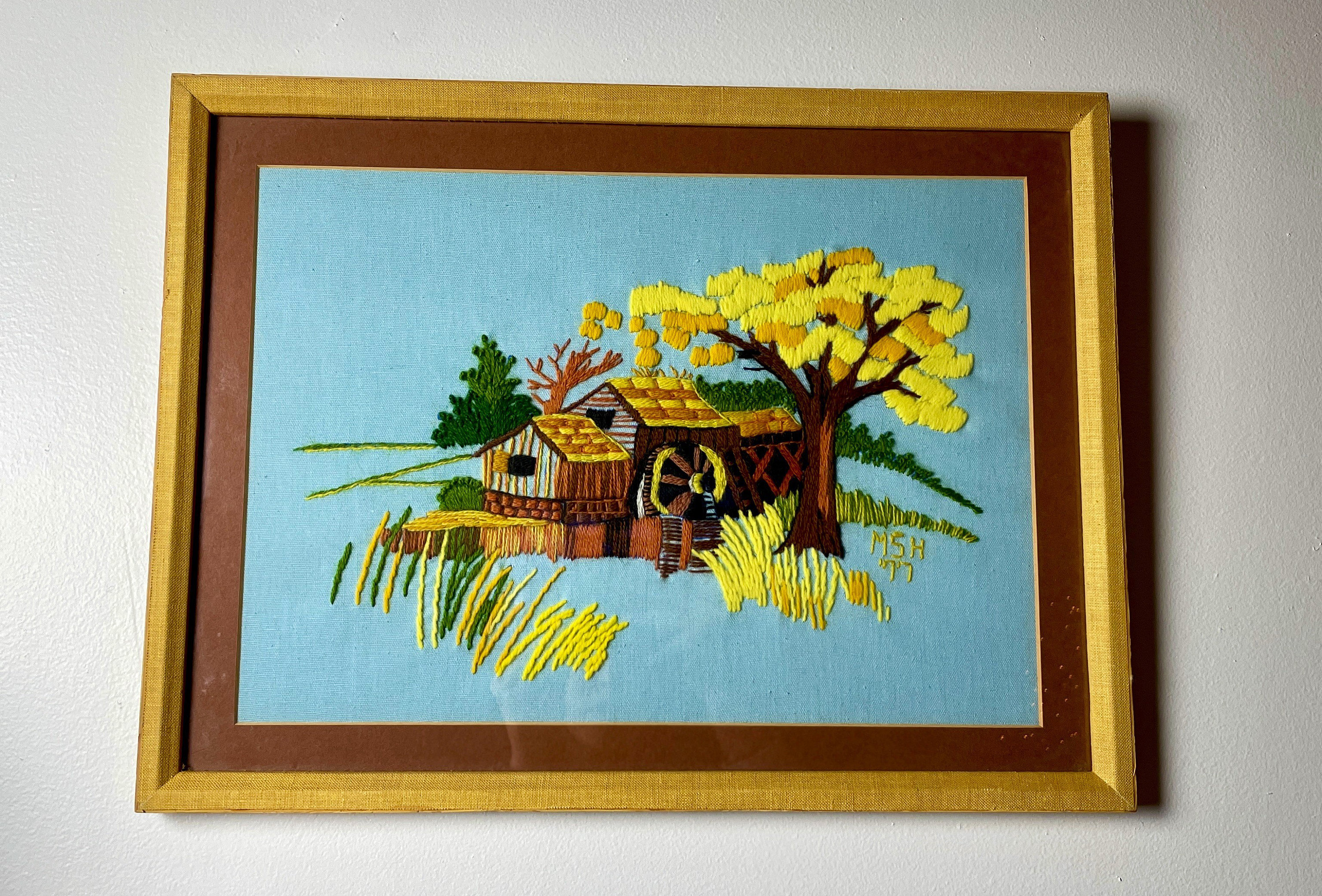 Tapisserie Murale Crewel Broderie - Scène De Village Européen - 57x85 Cm - Vintage