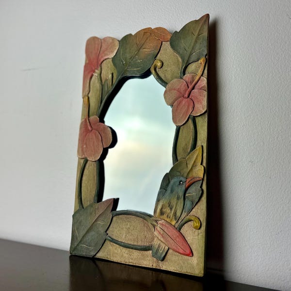 Vintage 1980s Tropical Hand Carved Indonesian Framed Mirror Pink Hibiscus/Bird, Botanical/Floral Foliage Wall Hanging, Indonesia Folk Art