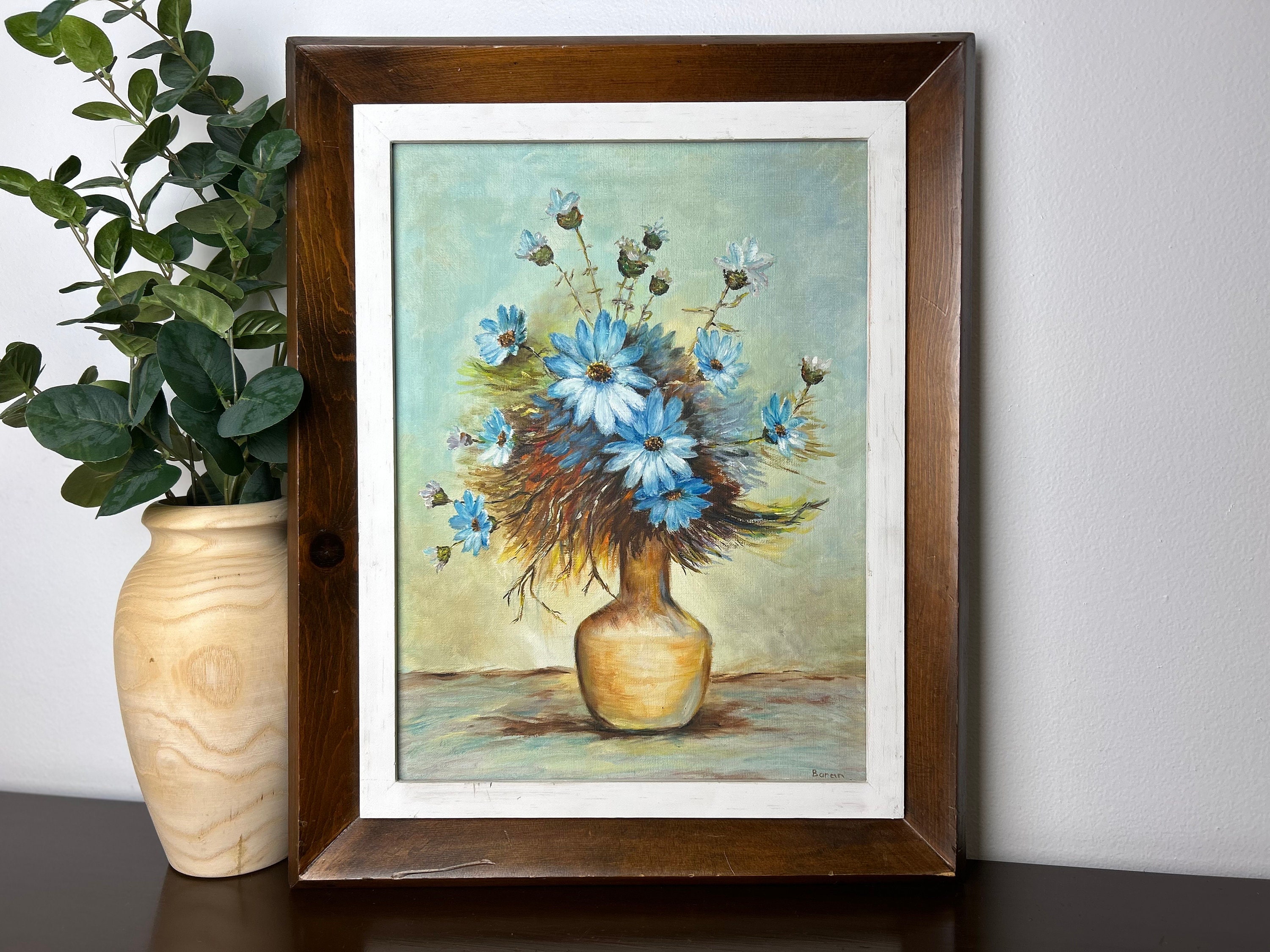 ヴィンテージ手描きの静物画、青いデイジーの花のキャンバス画