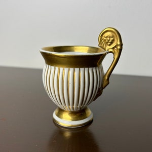 Neoclassical R.P.M. Germany Bavaria Porcelain Gilt Decorated Demitasse Cup/Mug Lion Head Handle, Vintage European China Teacup