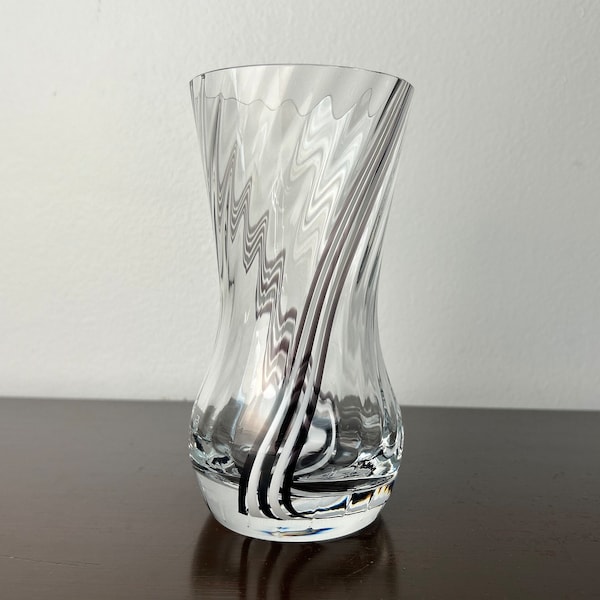 Vintage Optic Swirl Flower Vase by Caithness Scotland Clear Black White, Scottish Hand Blown Art Glass, Handcrafted Artisan Made