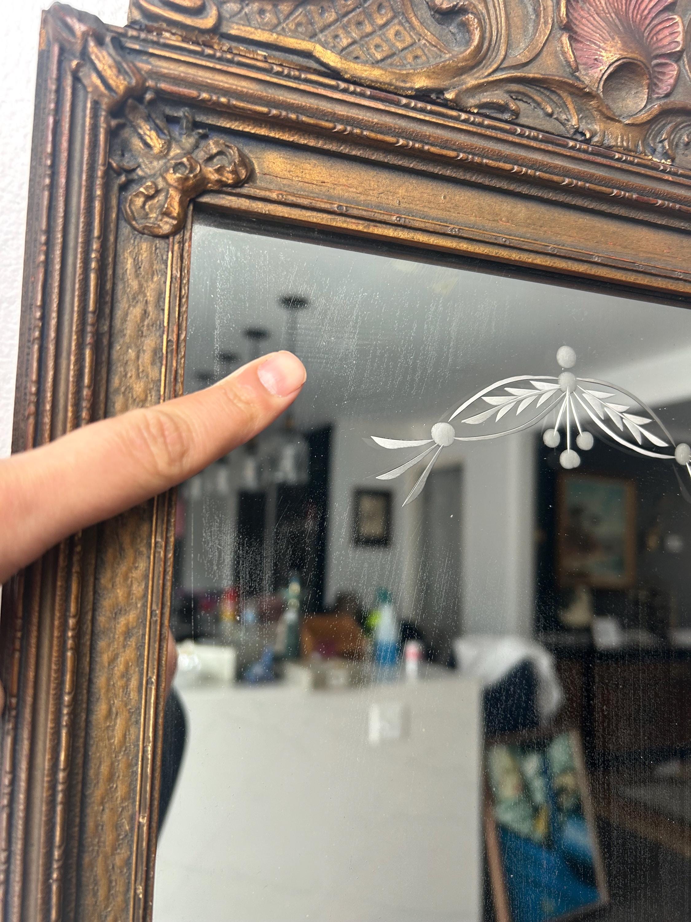 Antique Wood Framed Mirror With Mirrored Etching, Ornate Scrolls/bows ...