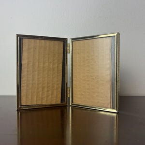 Vintage Hinged Bifold Gold Metal Double Picture Frames, Mid Century Book Frames Set, Antique Victorian Vanity Bedroom Portrait Display