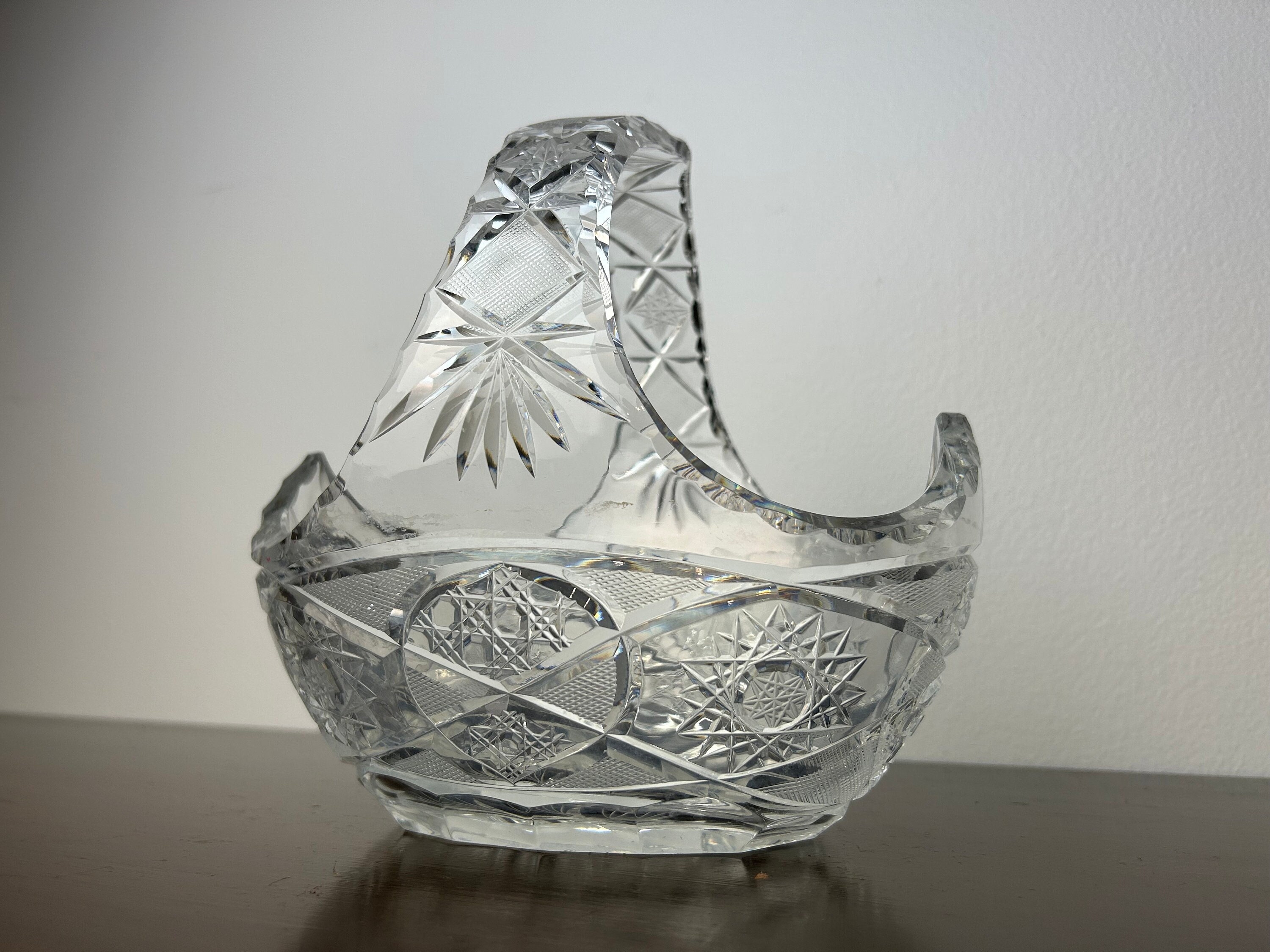 Handcut German Lead Crystal Basket Bowl With Hobstars & Fans by