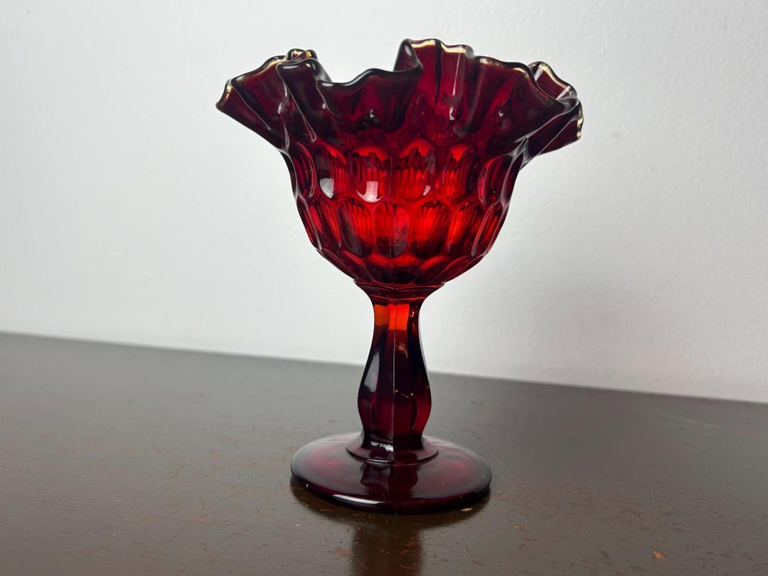 Fenton Ruby Red Bowl Ruffle Vintage Ruby Red Fenton Thumbprint Compote Pedestal Bowl Ruffled Rim ...