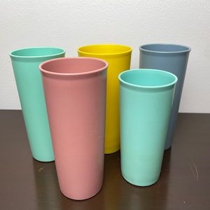 Vintage Tupperware Set of Country Pastels Tall Plastic Cups Pink Yellow Blue, 1980s Stackable Drinking Cups, Retro Drinkware, Post Modern