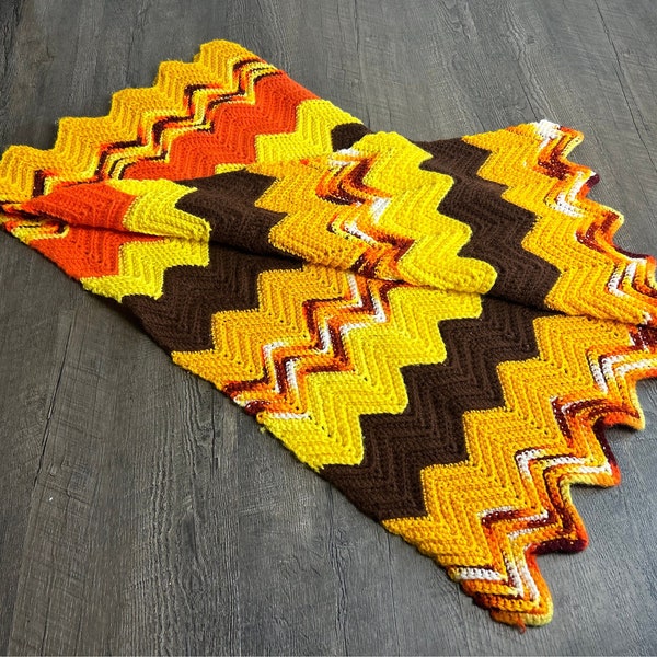 Vintage 70s Handmade Crochet Ripple Throw Blanket, Multicolor Colorful Afghan, Crib Blanket, Orange Yellow Brown, 1970s Bedroom Livingroom