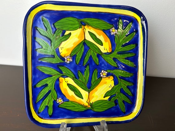Le Souk Ceramique Tunisia Handpainted Lemons & Cobalt Blue Square
