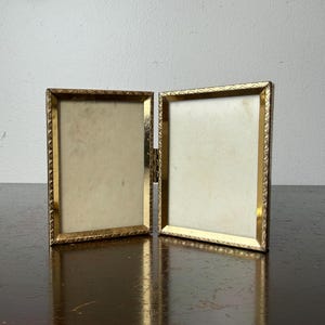 Vintage Small Hinged Bifold Gold Metal Double Picture Frames, Mid Century Book Frames Set, Antique Victorian Vanity Bedroom Portrait Display