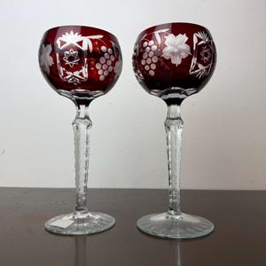 Vintage Godinger Grapes Ruby Cut to Clear Crystal Large Wine Hock Glasses 2
