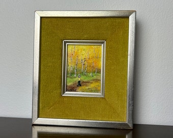 MCM Original Enamel on Copper Autumn Landscape Wall Art Painting Golden Velvet Matte & Silver Frame, Mid Century Original Artwork