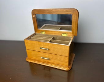 Vintage Wood Jewlery Box Mirror Drawer Velvet Croft & Barrow, Retro Wooden Jewelry Storage Organizer Cabinet, Vanity Dresser/Bedroom Decor