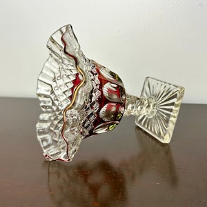 Vintage Westmoreland Cranberry Flashed “Cut to Clear” Pressed Glass Pedestal Bowl Ruffle Rim, Mid Century Compote/Bonbon/Candy Dish