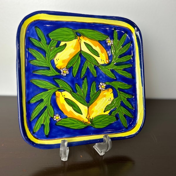 Le Souk Ceramique Tunisia Handpainted Lemons & Cobalt Blue Square Plate Serving Platter, Colorful Tunisian Ceramic Art Pottery