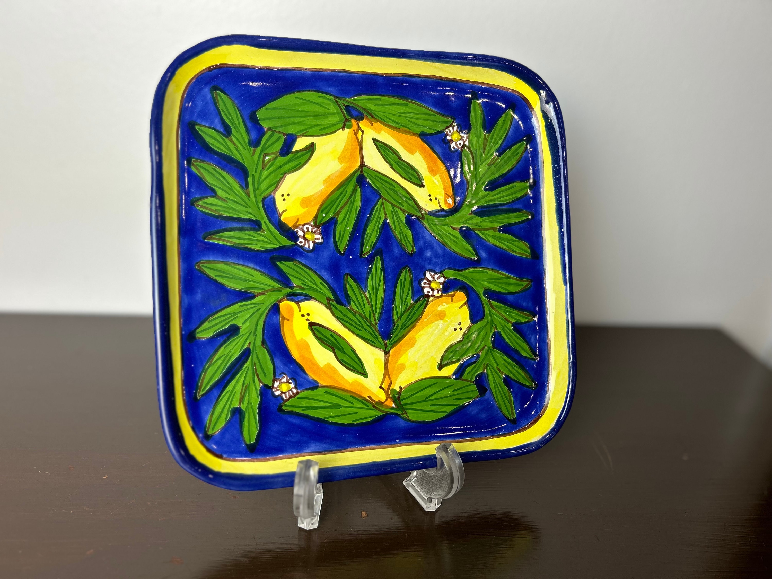 Le Souk Ceramique Tunisia Handpainted Lemons & Cobalt Blue Square