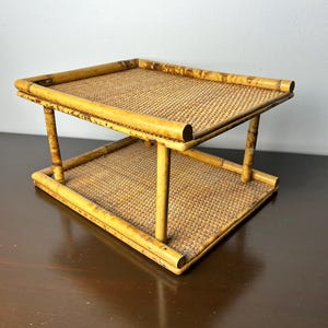 Portalettere/posta in bambù bruciato vintage e legno, decorazione per scrivania da ufficio in stile boho naturale terroso, organizer per fatture/documenti da scrivania
