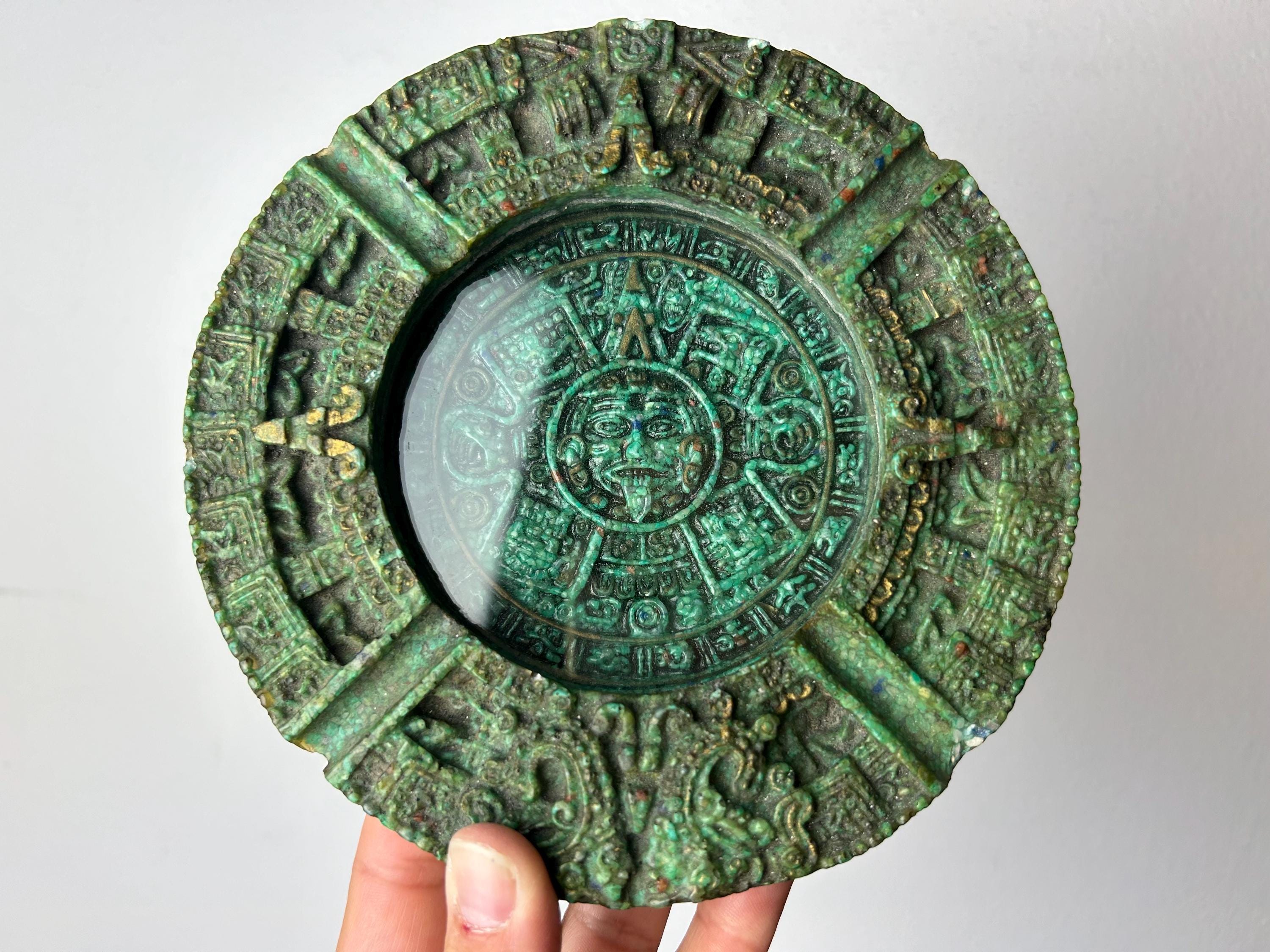 Vintage Green Crushed Malachite Ashtray Aztec Mayan Calendar