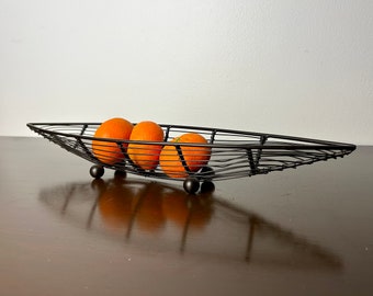 Vintage Brutalist style Black Metal Wire String Oblong Canoe Shaped Fruit Basket Bowl/Catchall Dish, Sculptural Form Centerpiece