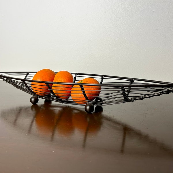 Vintage Brutalist style Black Metal Wire String Oblong Canoe Shaped Fruit Basket Bowl/Catchall Dish, Sculptural Form Centerpiece