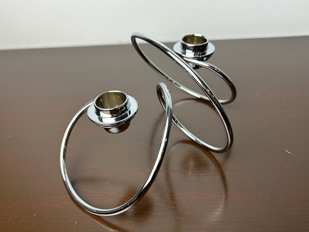 Chrome Metal Sculptural Twist Double Candlestick Holder by Black & Blum