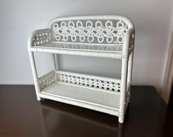 Vintage White Wicker Two Teir Shelf, Home/Office/Bathroom Decor Wall Hanging Storage, BOHO Chic Bohemian Plant/Knick Knack Display