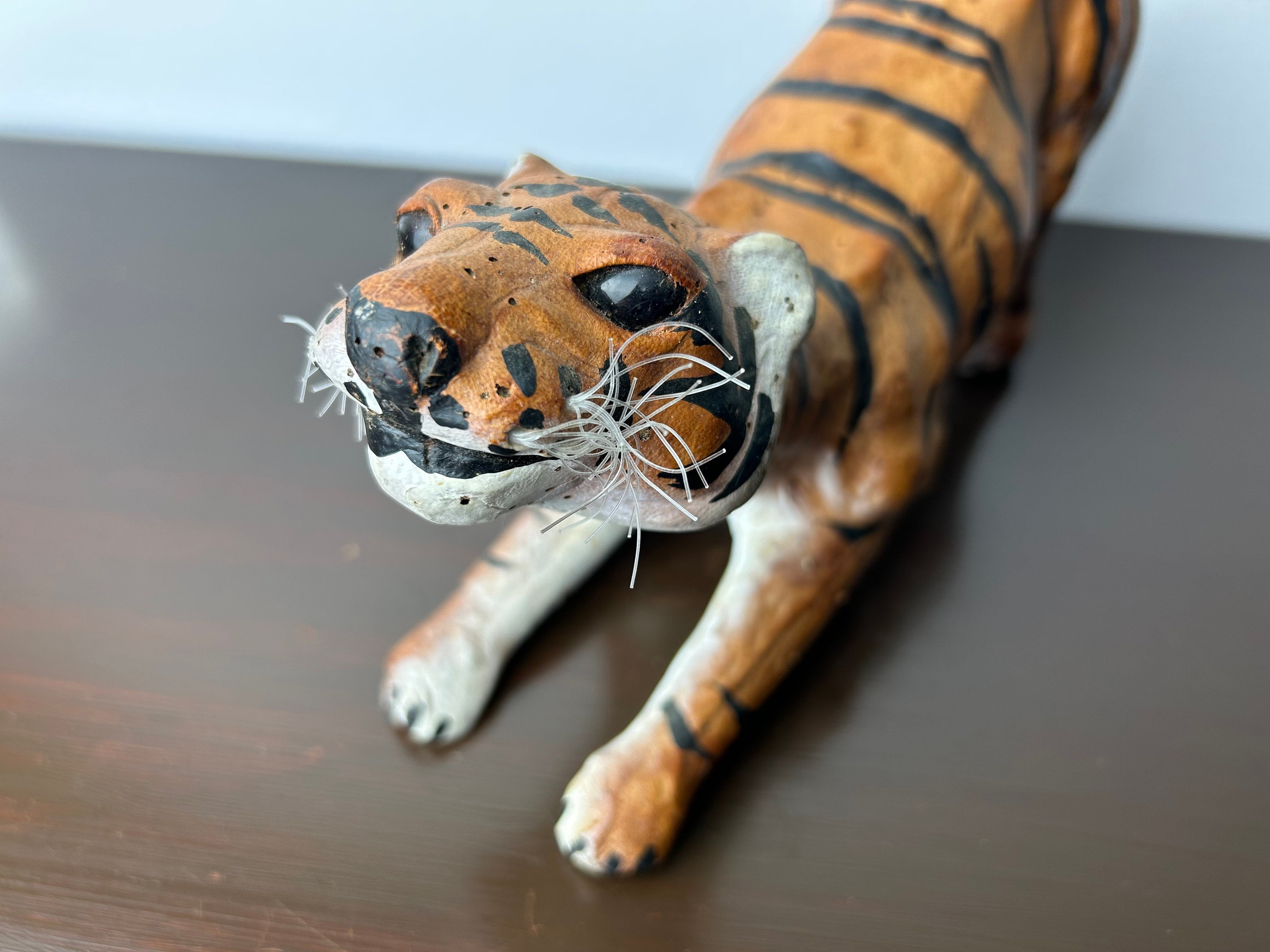 Mid Century Hand Crafted Leather Wrapped Crouching Tiger