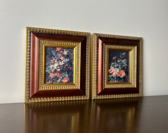 Vintage Small Ornate Gold Framed Floral Still Life Painting Print Set, Gallery Wall Art Pair, Traditional Flower Artwork, Victorian style