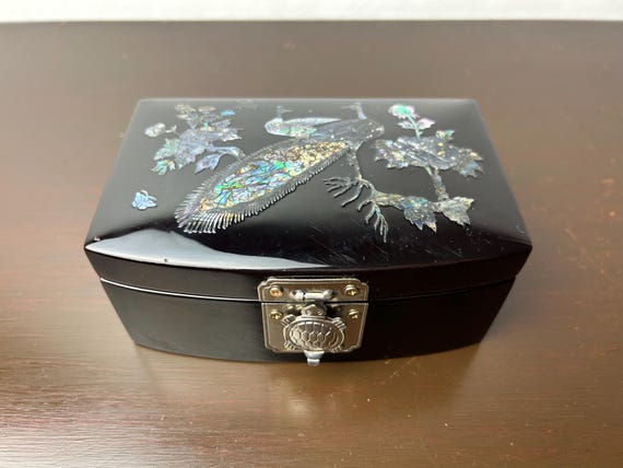 Vintage Korean Jewelry Box Black Lacquered With Mother of Pearl