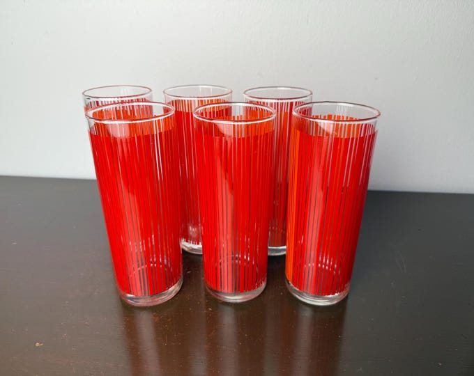 Retro Red & Orange Striped Tall Tom Collin’s Glasses, Mid Century Modern Barware