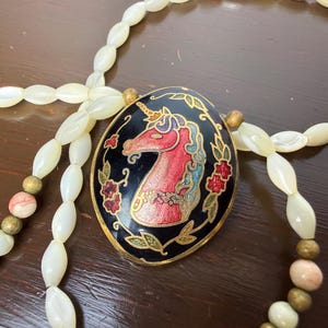 Vintage Cloisinee Unicorn & Floral Pendant Beaded Choker Necklace