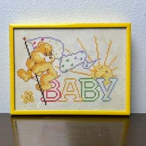 Vintage Yellow Care Bear Funshine Cross Stitch Embroidery Framed Wall Hanging Art, Handmade Nursery Wall Decor, New Baby/Baby Shower Gift