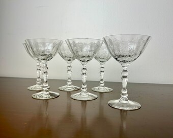 Vintage Fostoria Chintz Blown Glass Champagne/Tall Sherbert Glasses set of 6, Mid Century Elegant Floral Etched Glassware