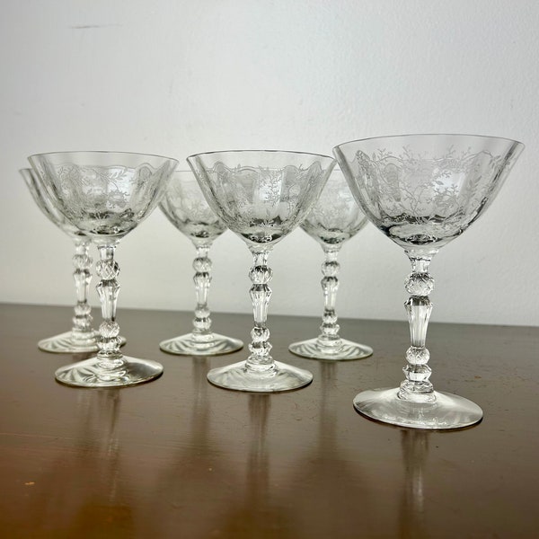 Vintage Fostoria Chintz Blown Glass Champagne/Tall Sherbert Glasses set of 6, Mid Century Elegant Floral Etched Glassware
