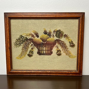 Mid Century Completed Fruit Basket Needlepoint Embroidery Wood Framed Wall Hanging, Vintage Embroidered Art, Farmhouse Cottage