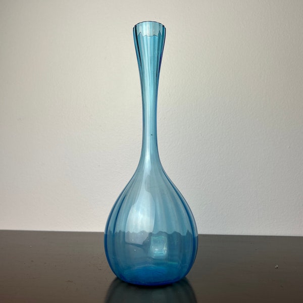 MCM Swedish Handblown Glass Sky/Aqua Blue Optic Bulb Bud Vase, Mid Century Modern, Scandinavian Art Glass