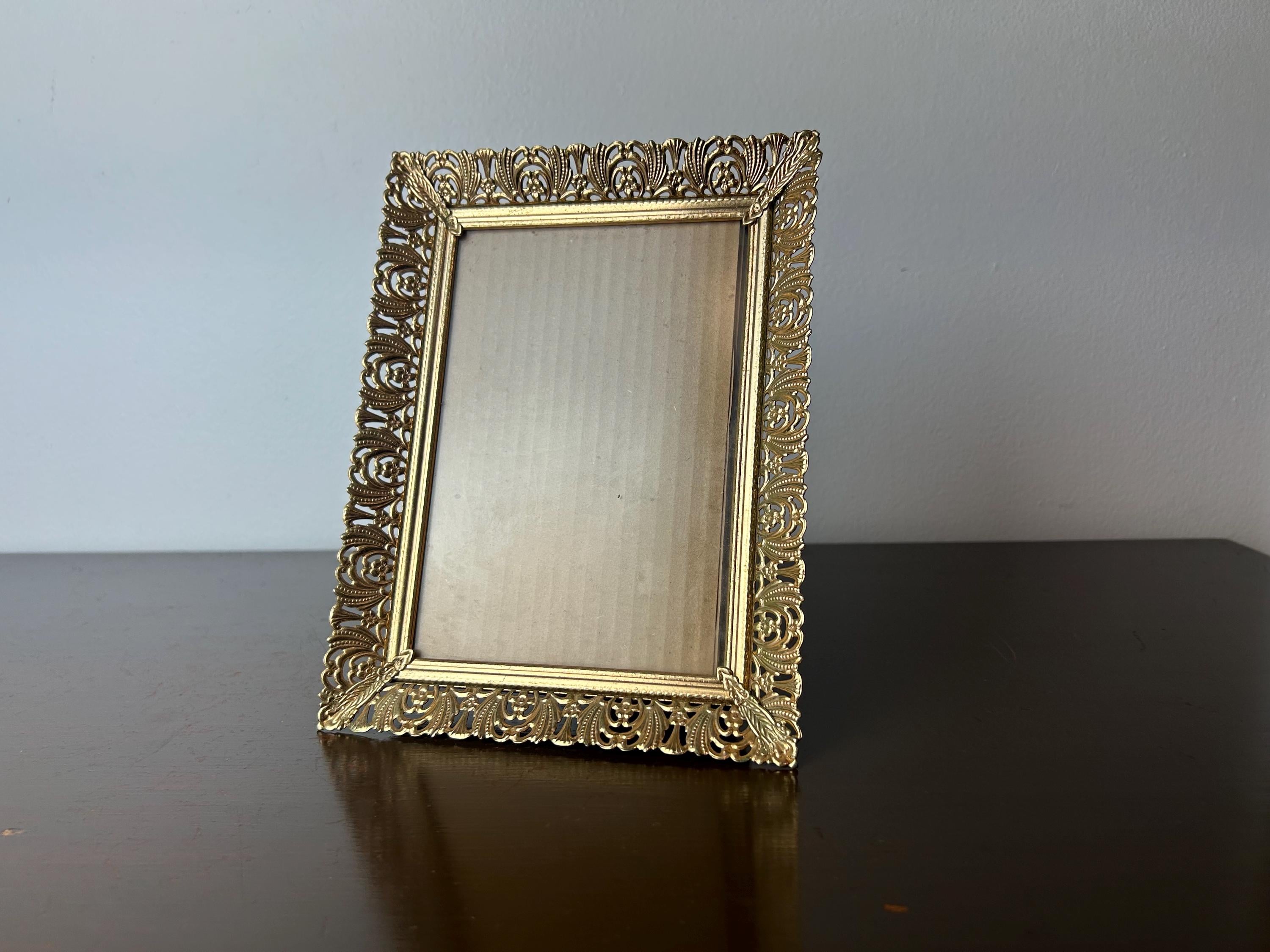 Vintage Ornate Floral Gold Punched Tin Filagree 5x7 Picture Frame